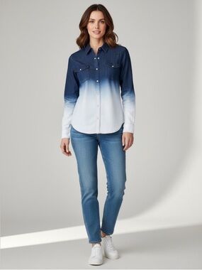 XCVI long sleeve 100% cotton snap front ombré dip dye denim shirt size medium